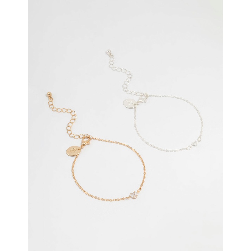 Mixed Metal Cubic Zirconia Heart Bracelets 2-Pack