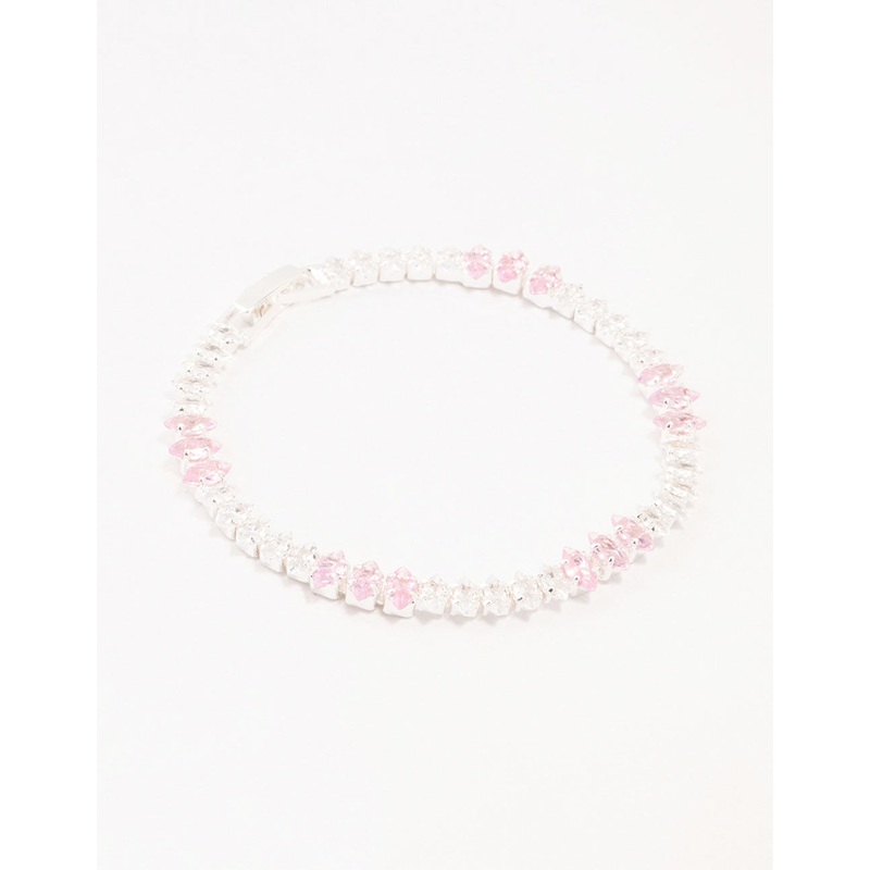 Silver Alternating Clear & Pink Marquise Cluster Cubic Zirconia Bracelet