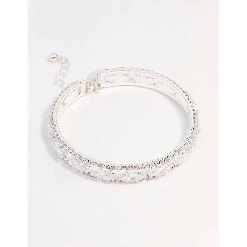 Silver Cubic Zirconia Marquise Statement Bangle Bracelet