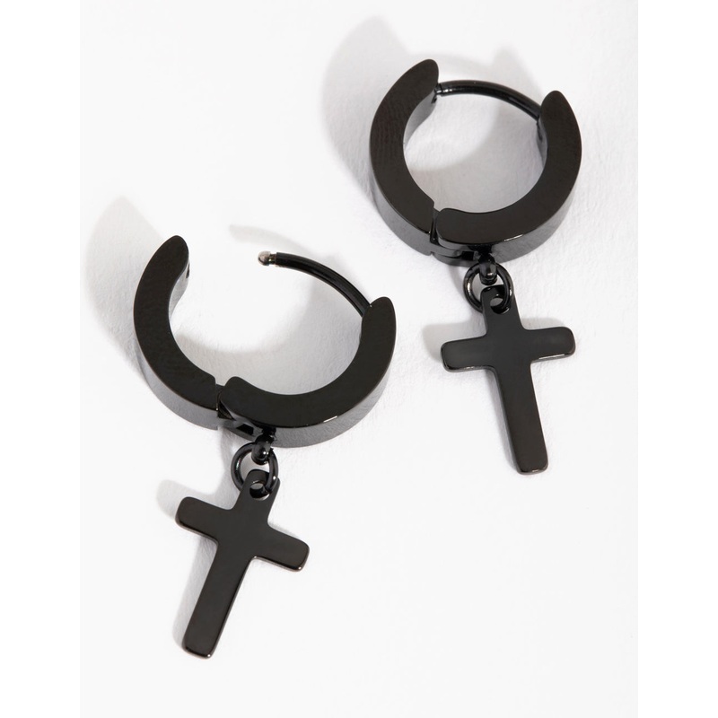 Black Coated Surgical Steel Cross Huggie Earrings
