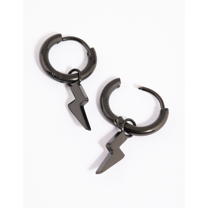 Black Coated Surgical Steel Lightning Bolt Huggie Hoop Earrings