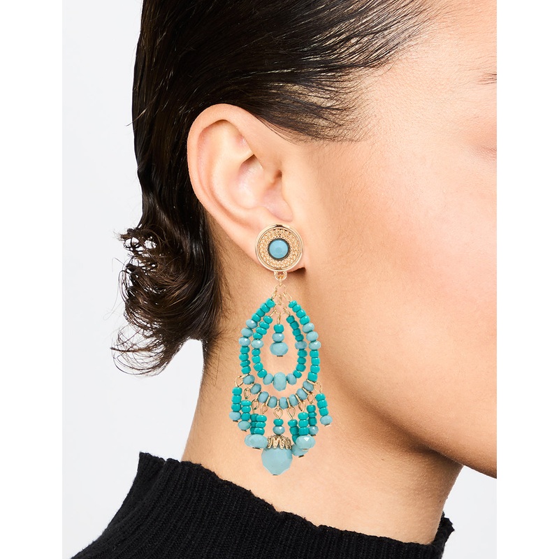 Gold Blue Beaded Teardrop Drop Earrings