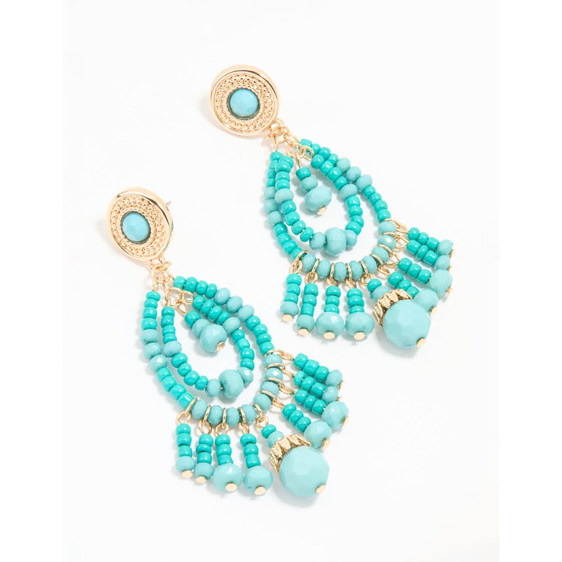 Gold Blue Beaded Teardrop Drop Earrings