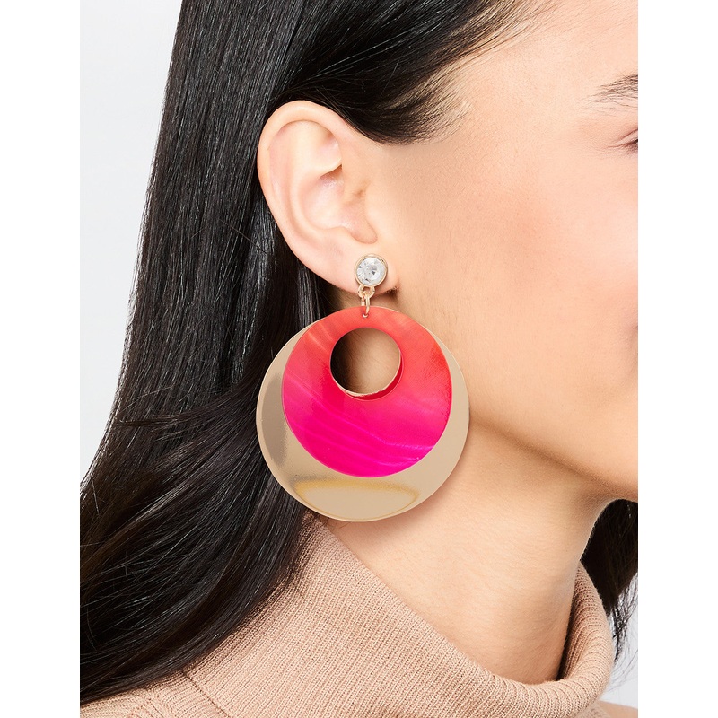 Gold Pink Diamante &  Circle Drop Earrings