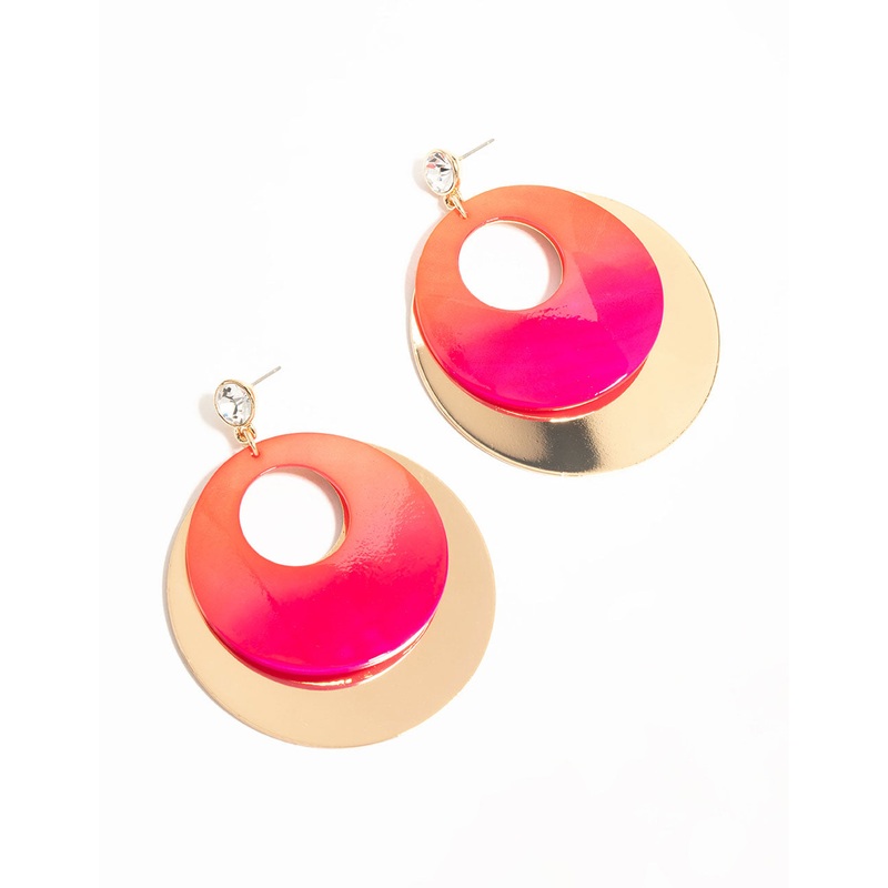 Gold Pink Diamante &  Circle Drop Earrings