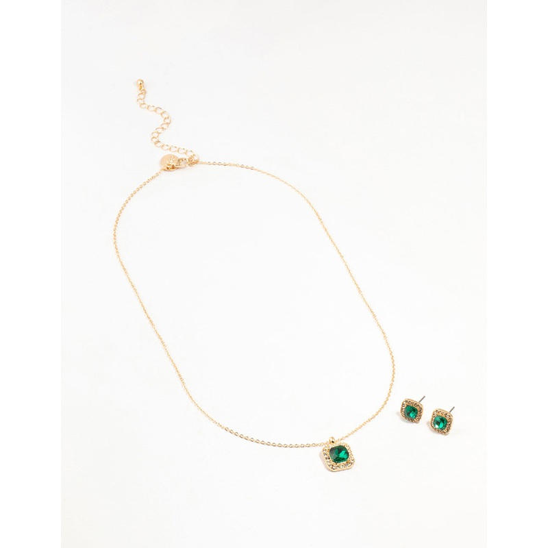 Gold Square Halo Green Diamante Necklace & Stud Earrings Set