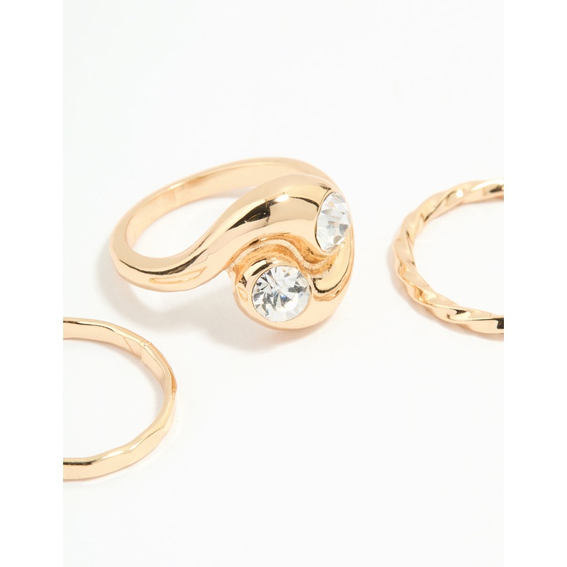 Gold Thick Diamante Twisted Stacking Rings 3-Pack