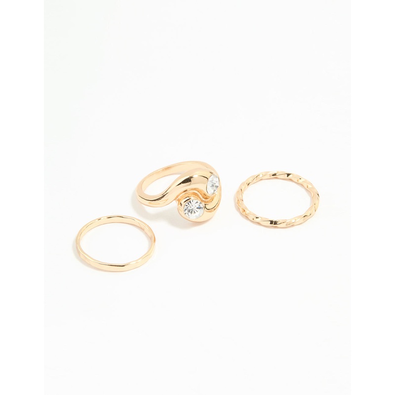 Gold Thick Diamante Twisted Stacking Rings 3-Pack
