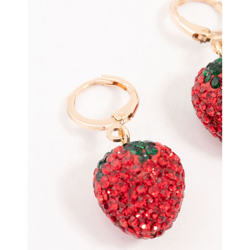 Strawberry Diamante Gold Huggie Earrings