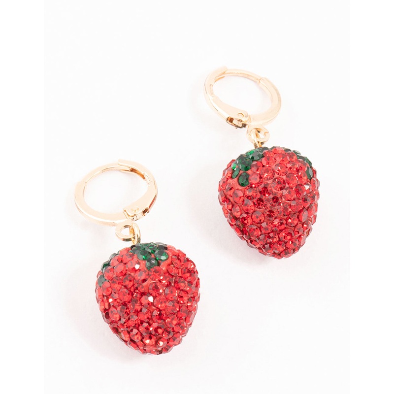 Strawberry Diamante Gold Huggie Earrings