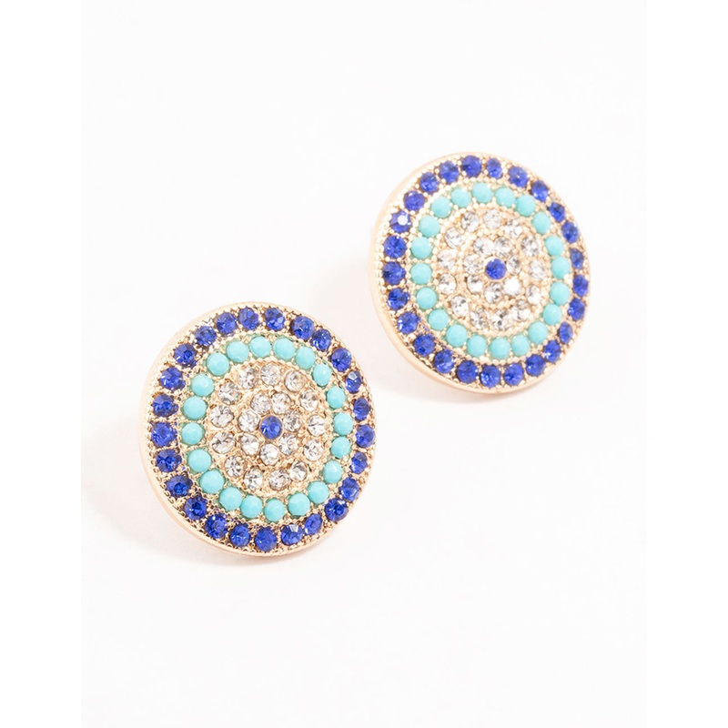 Blue Evil Eye Gold Stud Earrings