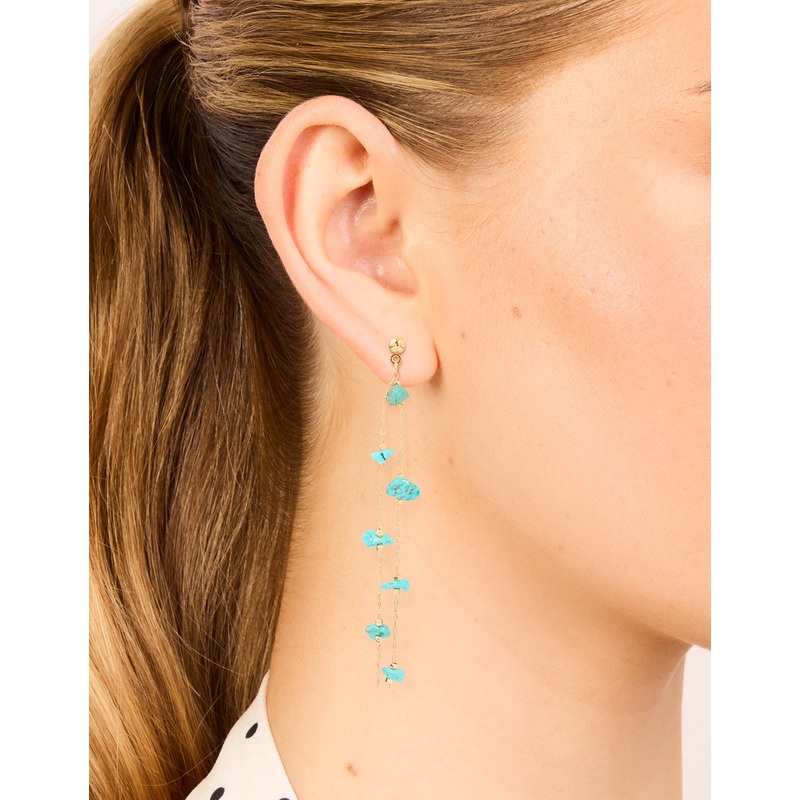 Gold Blue Semi Precious Stone Statement Chain Drop Earrings