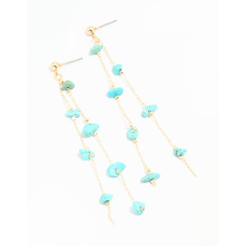 Gold Blue Semi Precious Stone Statement Chain Drop Earrings