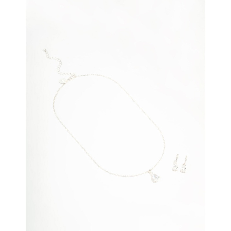 Silver Plated Cubic Zirconia Teardrop Necklace & Earrings Set