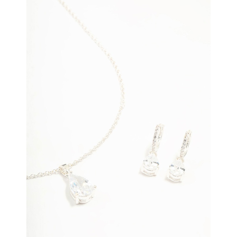 Silver Plated Cubic Zirconia Teardrop Necklace & Earrings Set