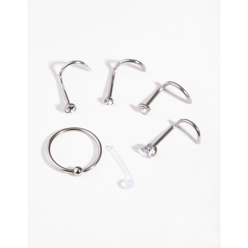 Surgical Steel Mixed Diamante Nose Stud & Ring 6-Pack