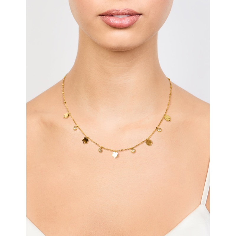 Waterproof Gold Plated Stainless Steel Cubic Zirconia Clover Pendant Necklace