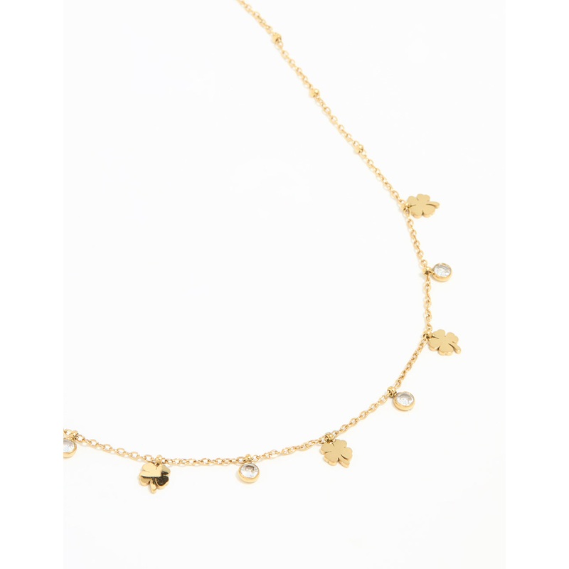 Waterproof Gold Plated Stainless Steel Cubic Zirconia Clover Pendant Necklace