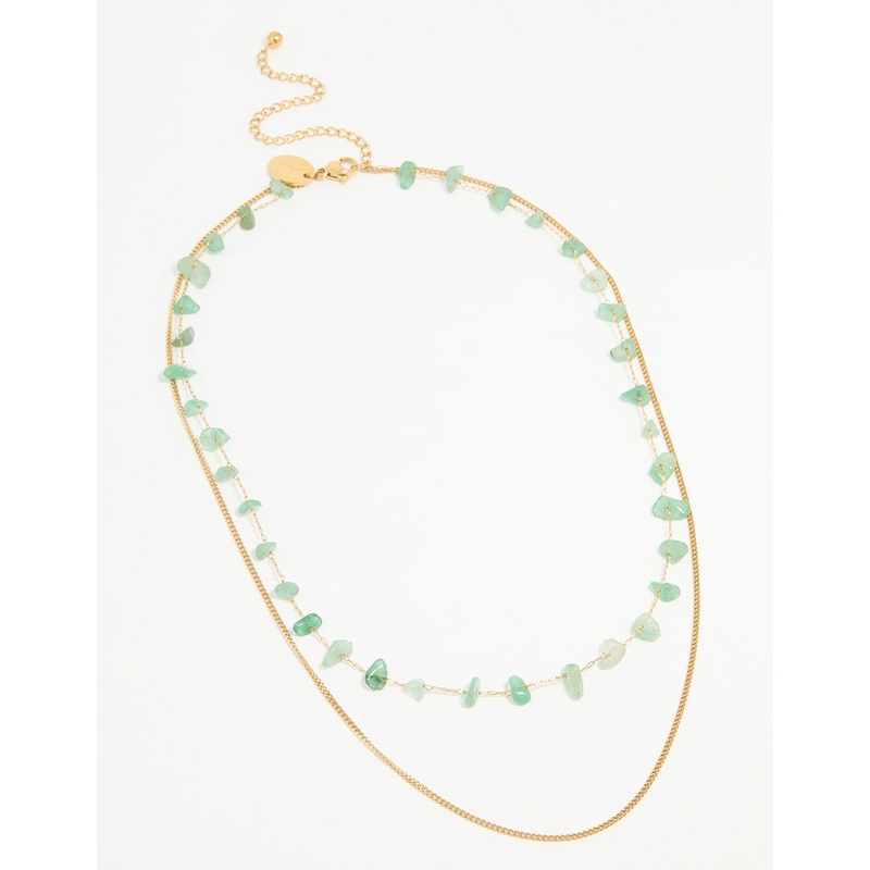 Waterproof Gold Plated Stainless Steel Green Stone Layered Necklace