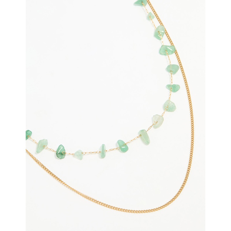 Waterproof Gold Plated Stainless Steel Green Stone Layered Necklace