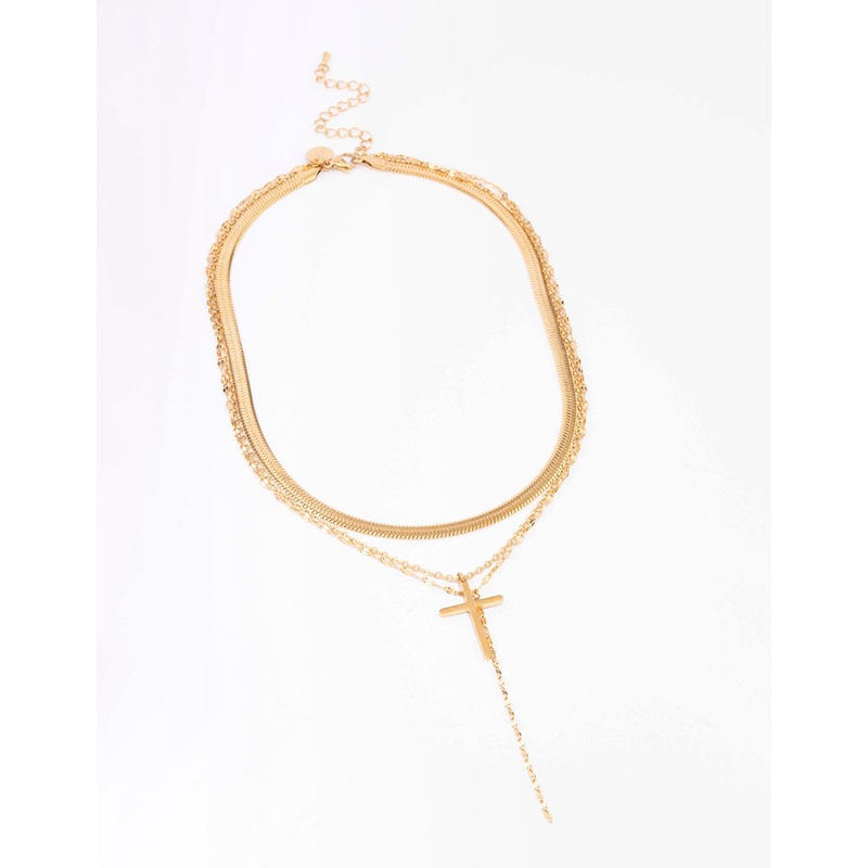 Waterproof Gold Plated Stainless Steel Multi Chain Cross Layered Necklace