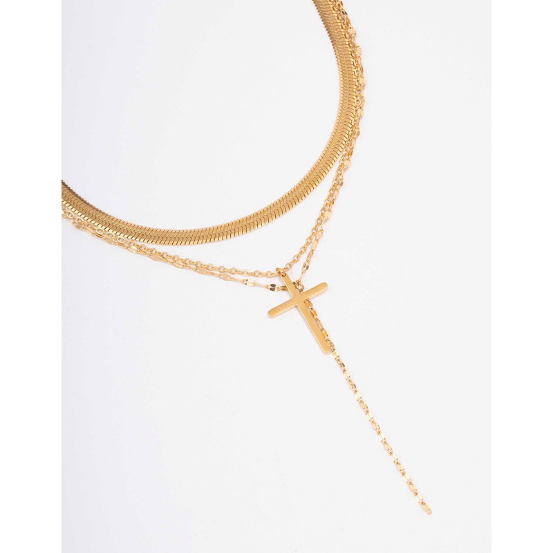 Waterproof Gold Plated Stainless Steel Multi Chain Cross Layered Necklace