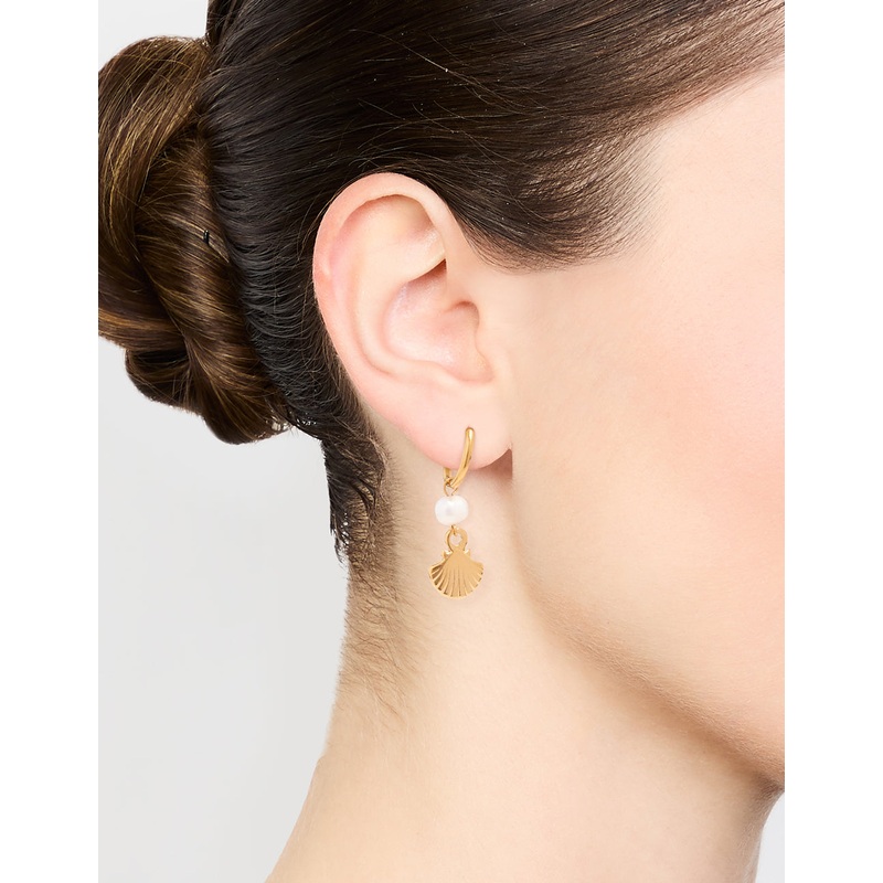 Waterproof Gold Plated Stainless Steel Pearl Shell Drop Huggie Earrings