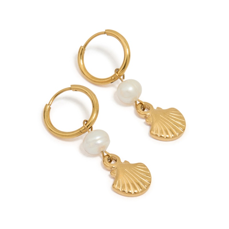 Waterproof Gold Plated Stainless Steel Pearl Shell Drop Huggie Earrings