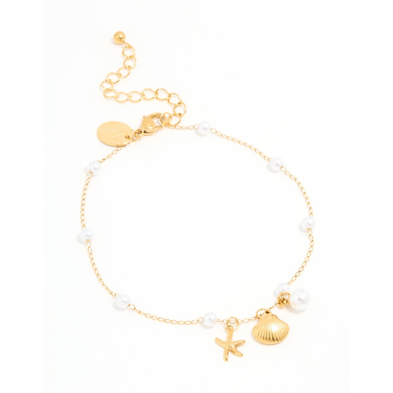 Waterproof Gold Plated Stainless Steel Pearl Star & Shell Charm Anklet