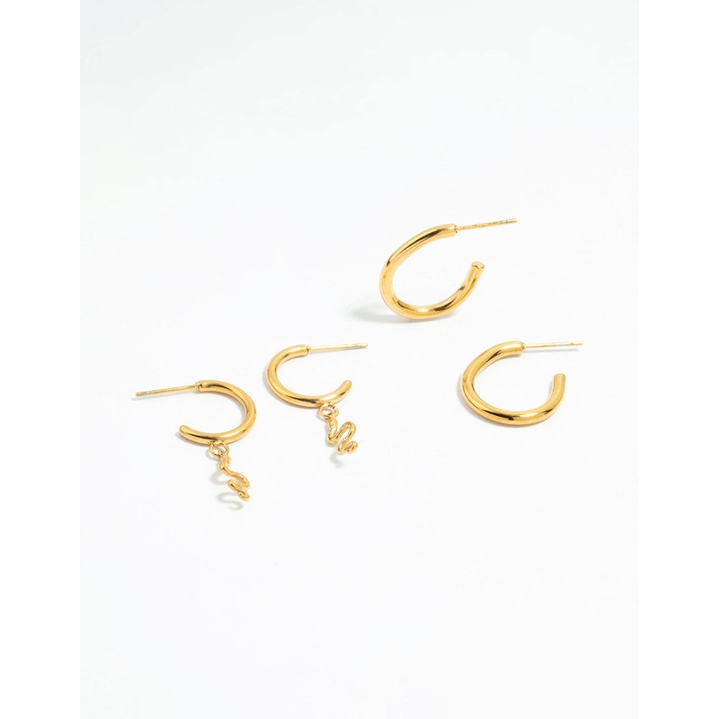 Waterproof Gold Plated Stainless Steel Sleek & Snake Charm Hoop Earrings 2-Pack