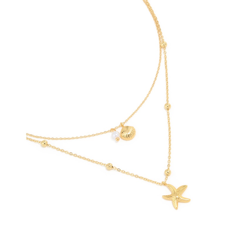 Waterproof Gold Plated Stainless Steel Star & Shell Layered Necklace