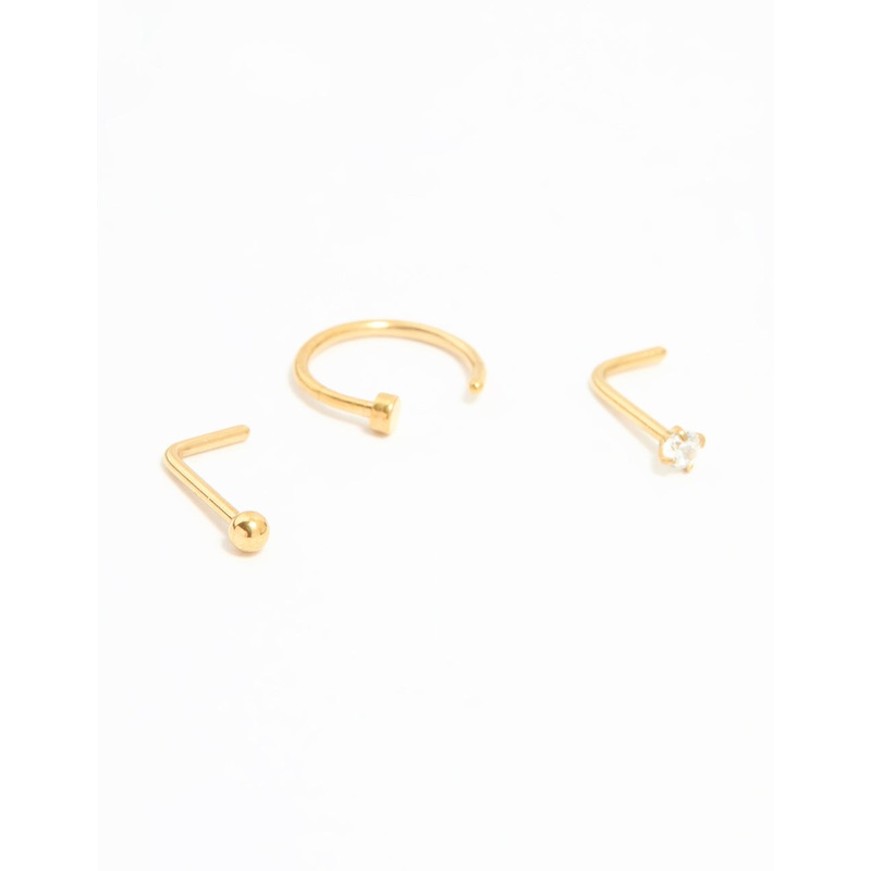 Gold Plated Titanium Cubic Zirconia Nose Ring & Studs 3-Pack