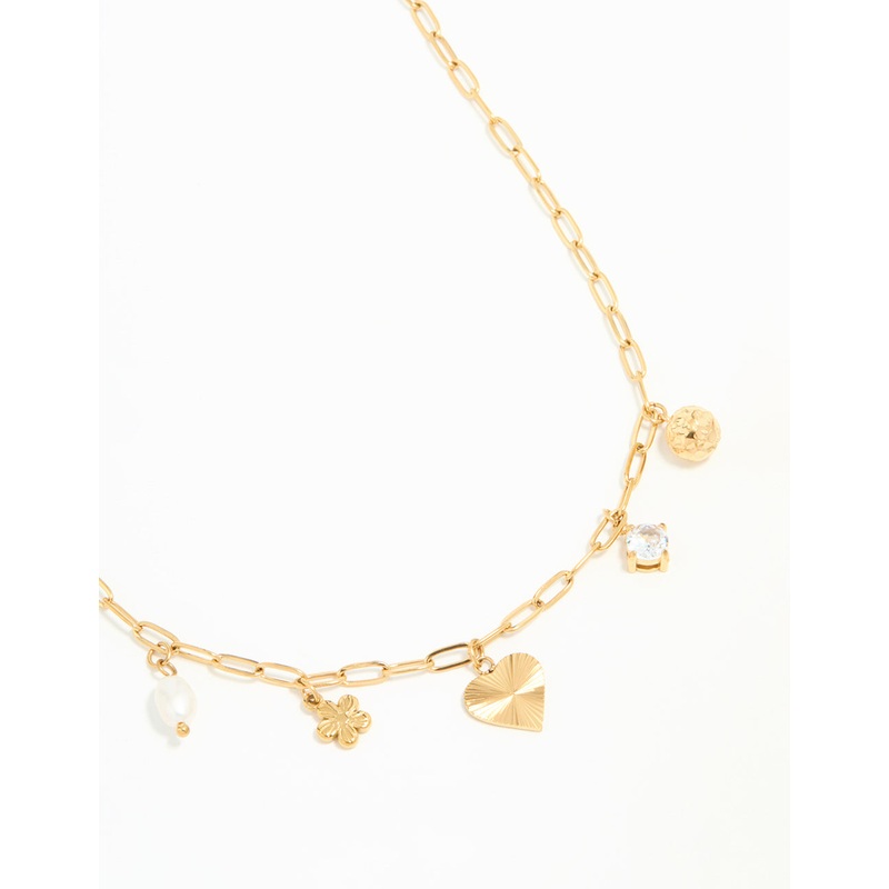 Waterproof Gold Plated Stainless Flower & Heart Charm Necklace
