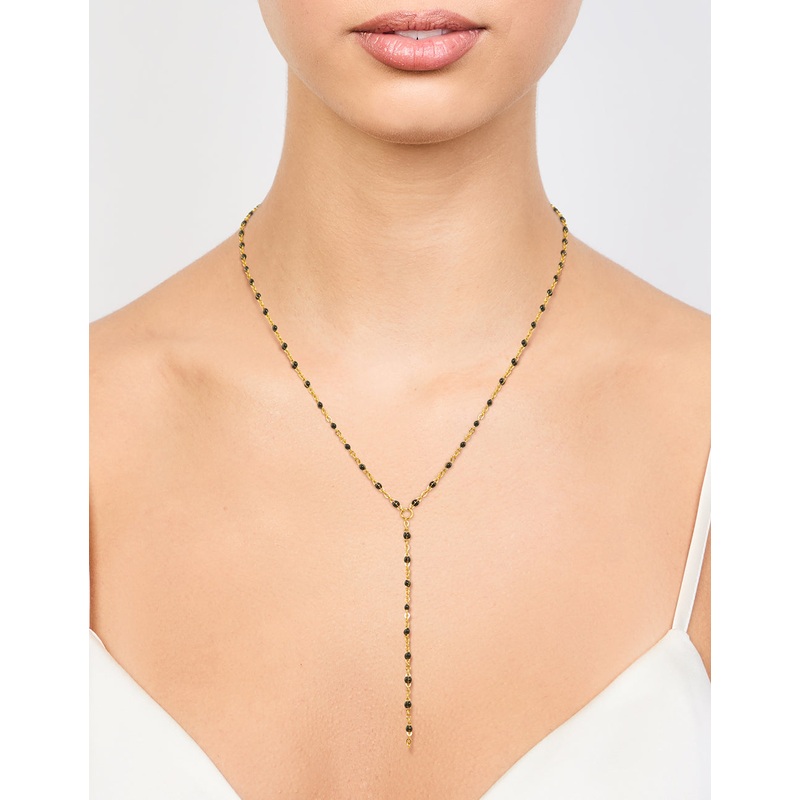 Waterproof Gold Plated Stainless Steel Black Bead Y-Necklace