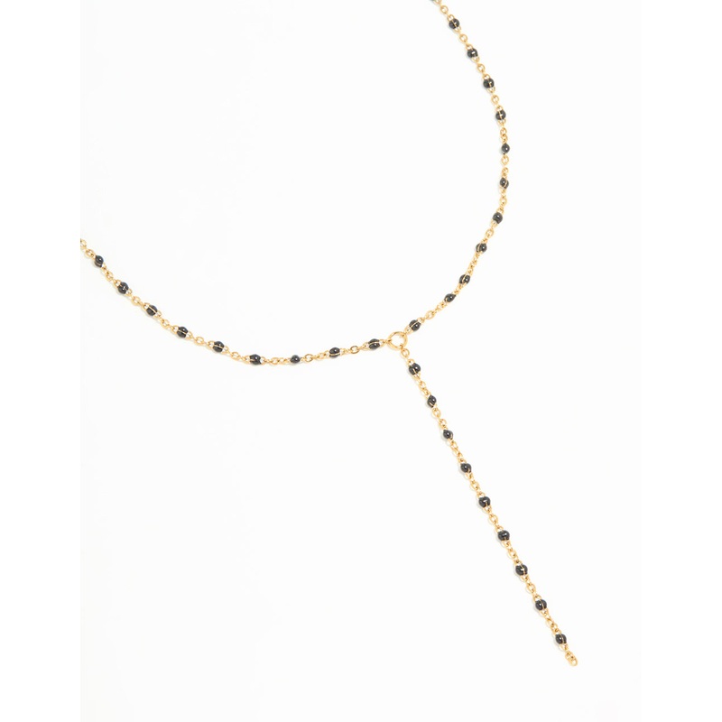 Waterproof Gold Plated Stainless Steel Black Bead Y-Necklace