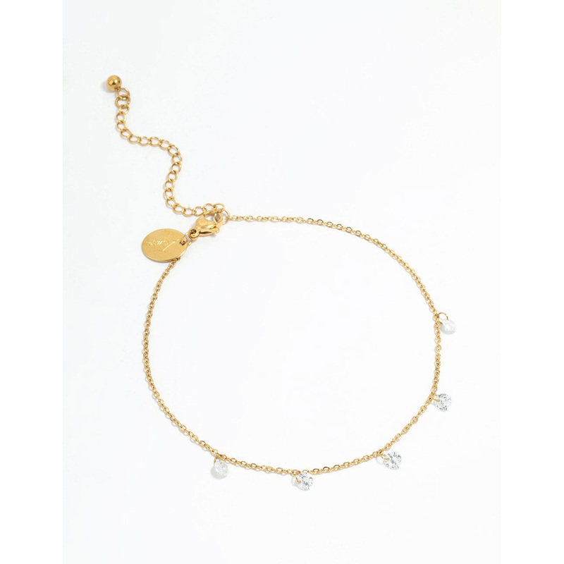 Waterproof Gold Plated Stainless Steel Cubic Zirconia Droplet Anklet