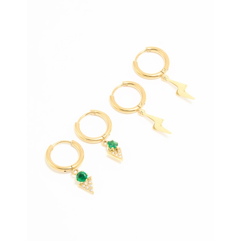 Waterproof Gold Plated Stainless Steel Cubic Zirconia & Lightning Bolt Huggie Earrings 2-Pack