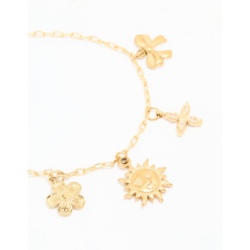 Waterproof Gold Plated Stainless Steel Flower & Sun Charm Bracelet