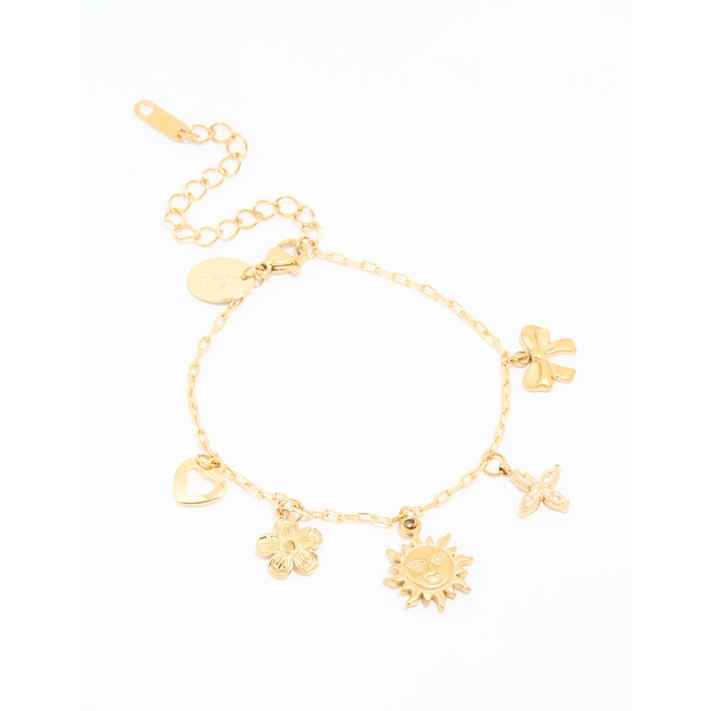 Waterproof Gold Plated Stainless Steel Flower & Sun Charm Bracelet