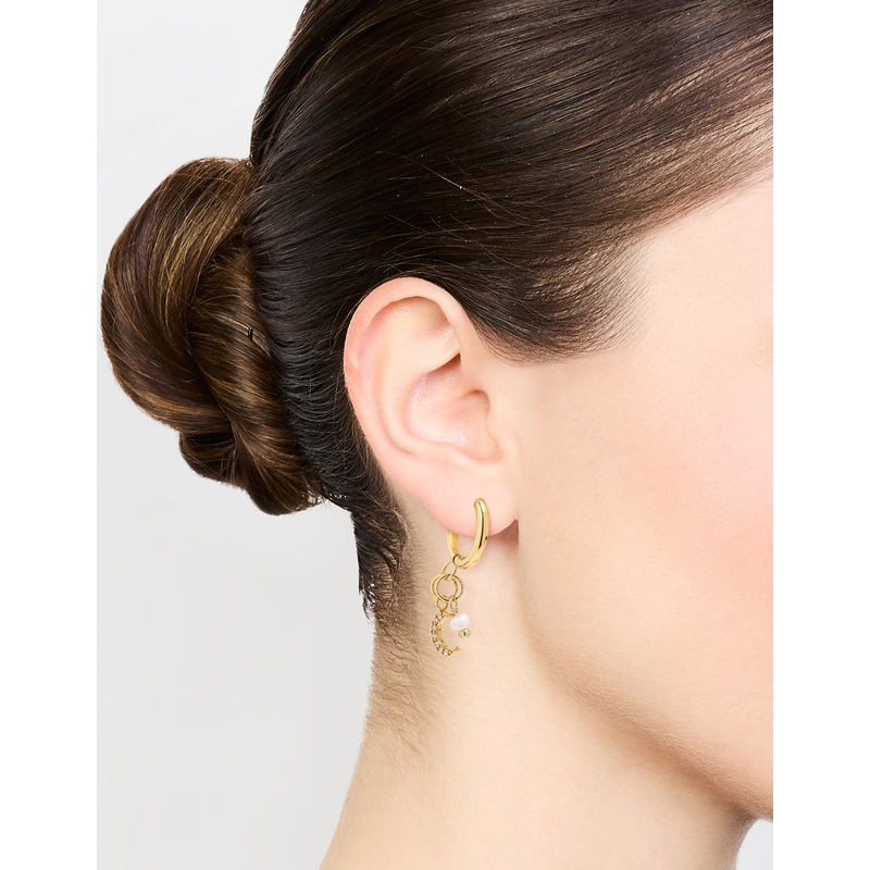 Waterproof Gold Plated Stainless Steel Freshwater Pearl & Moon Huggie Earrings