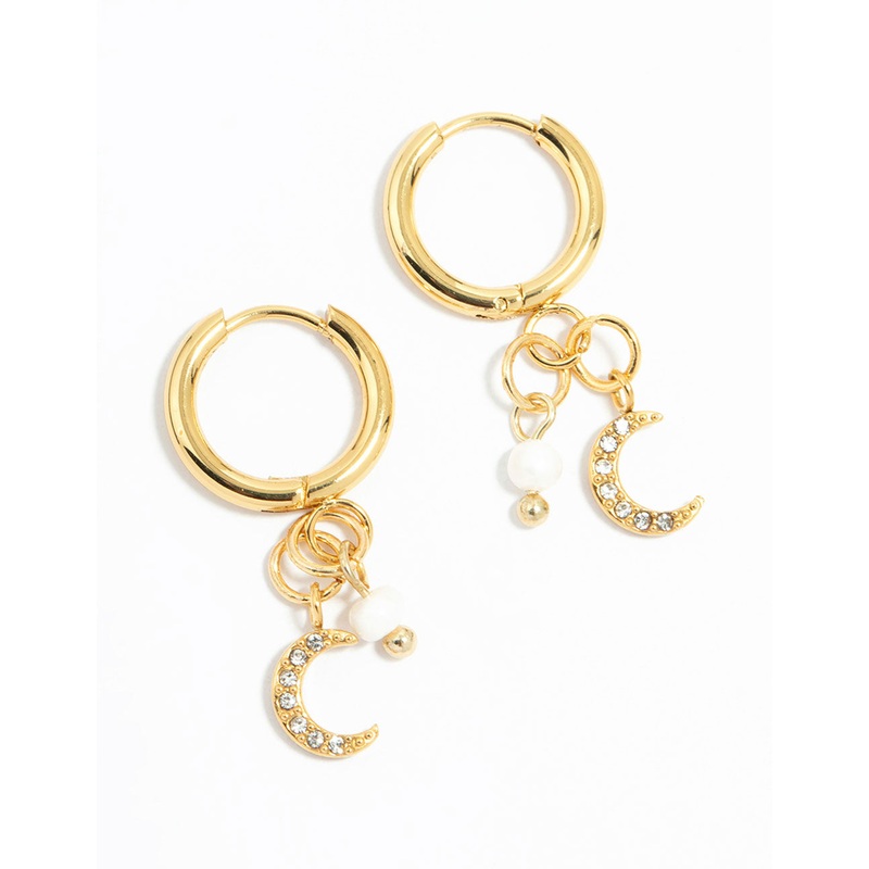 Waterproof Gold Plated Stainless Steel Freshwater Pearl & Moon Huggie Earrings