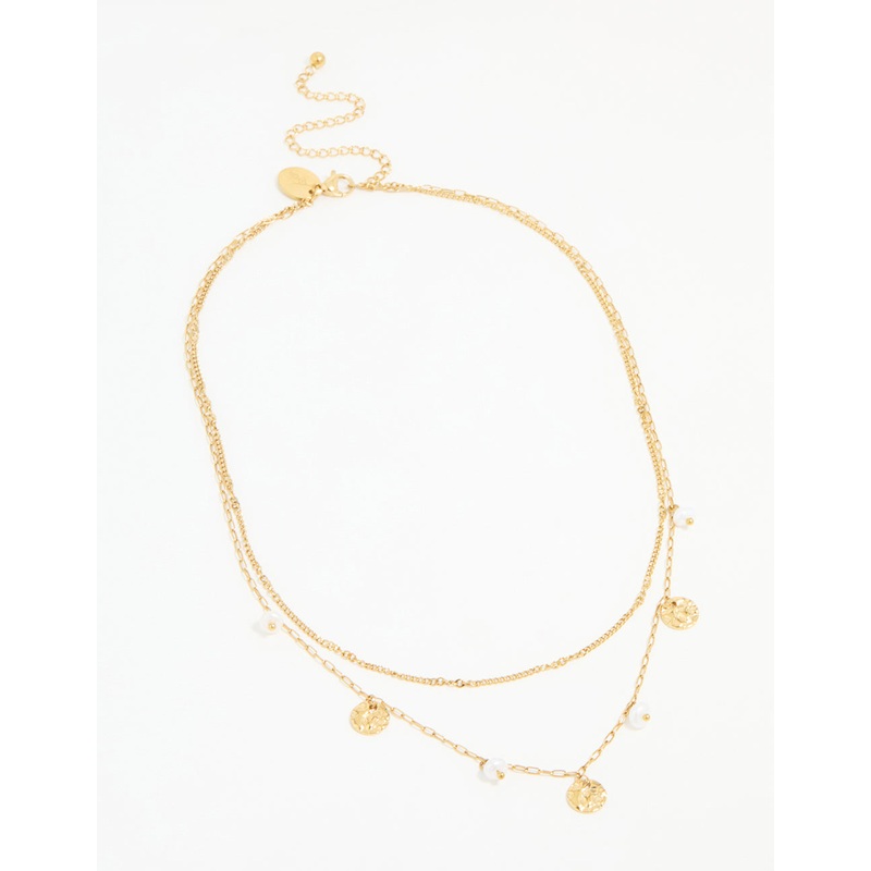 Waterproof Gold Plated Stainless Steel Pearl & Coin Layered Necklace