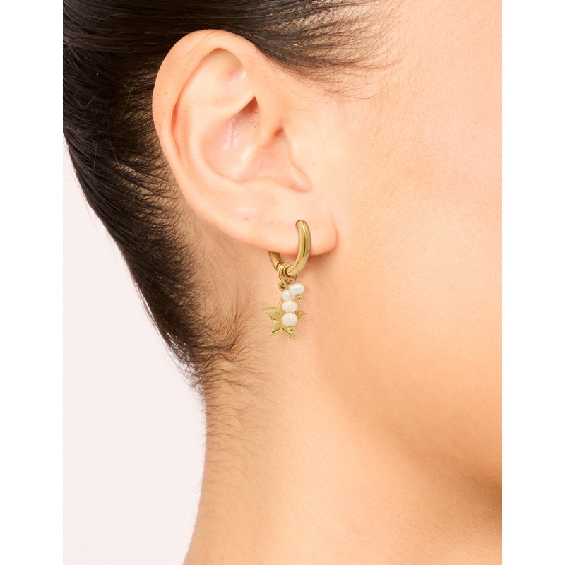 Waterproof Gold Plated Stainless Steel Pearl Star Huggie Earrings