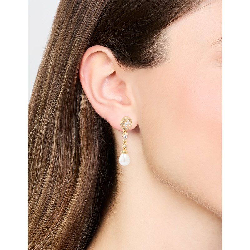 Gold Plated Cubic Zirconia Halo Pearl Drop Earrings