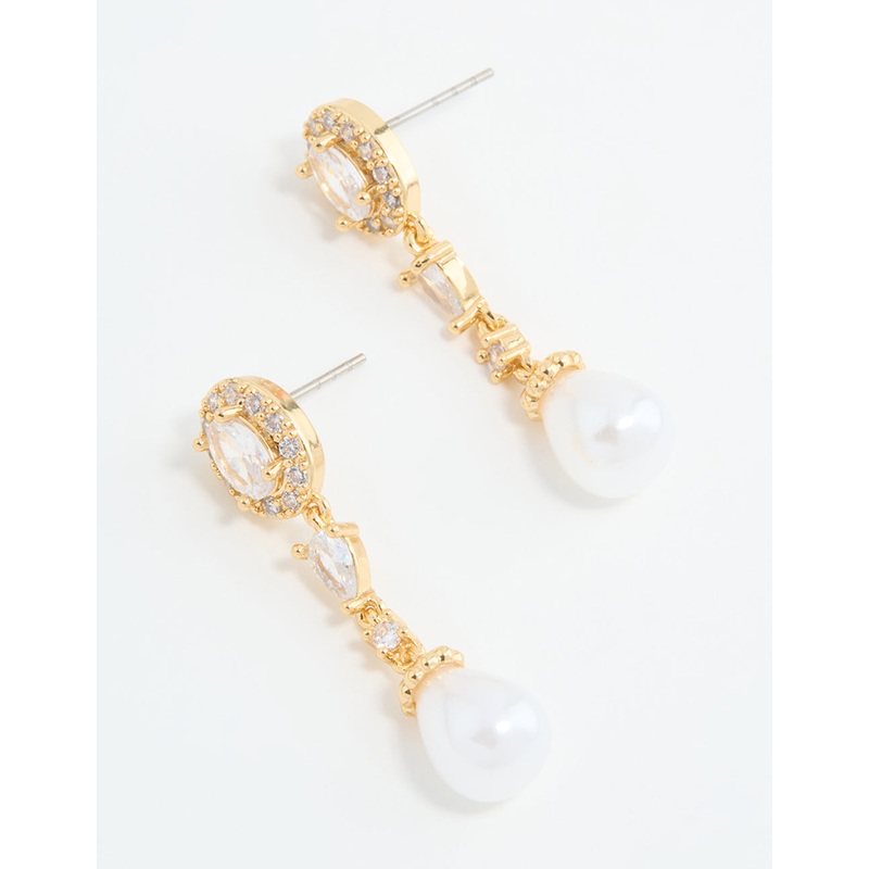 Gold Plated Cubic Zirconia Halo Pearl Drop Earrings