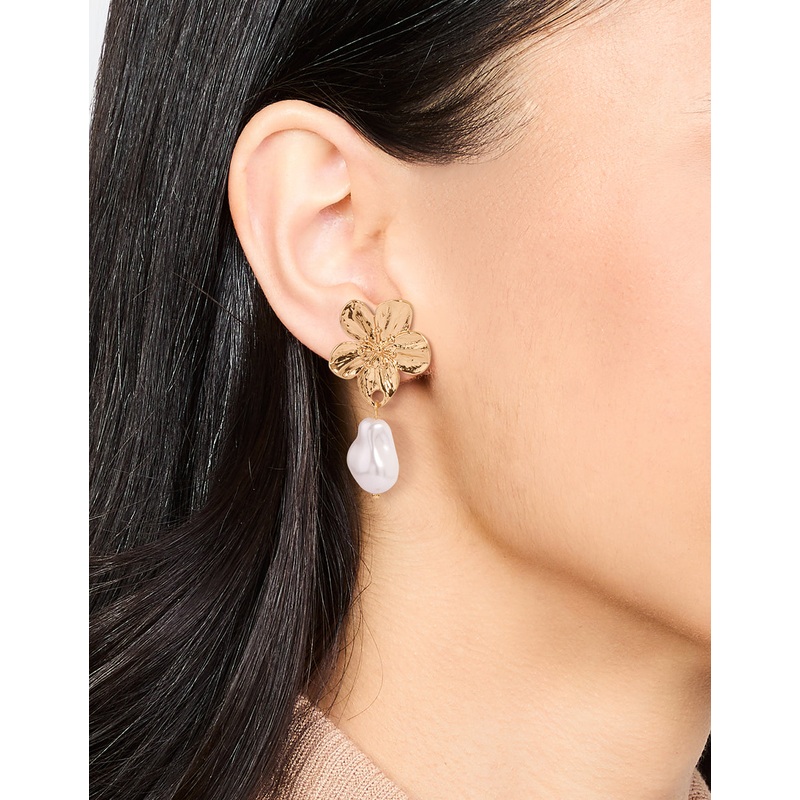 Gold Plated Pearl & Flower Drop Earrings