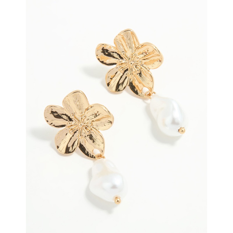 Gold Plated Pearl & Flower Drop Earrings