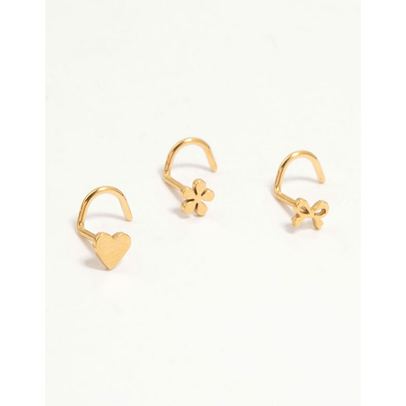 Gold Plated Surgical Steel Bow, Heart & Flower Nose Stud 3-Pack