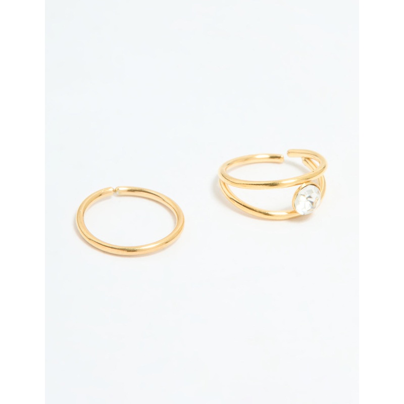 Gold Plated Surgical Steel Cubic Zirconia Layered & Smooth Nose Rings 2-Pack