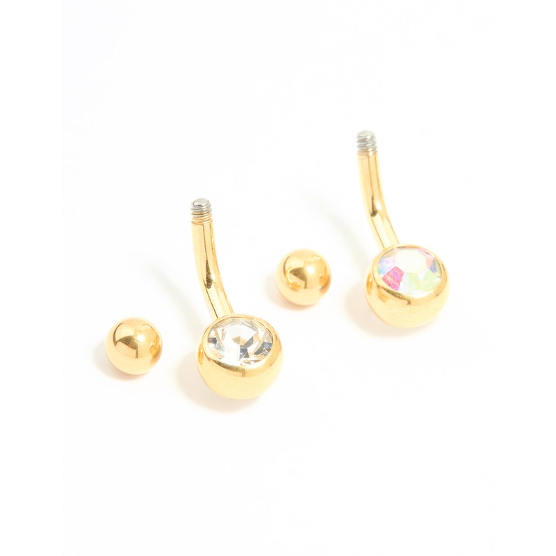 Gold Plated Titanium Cubic Zirconia Simple Belly Bars 2-Pack